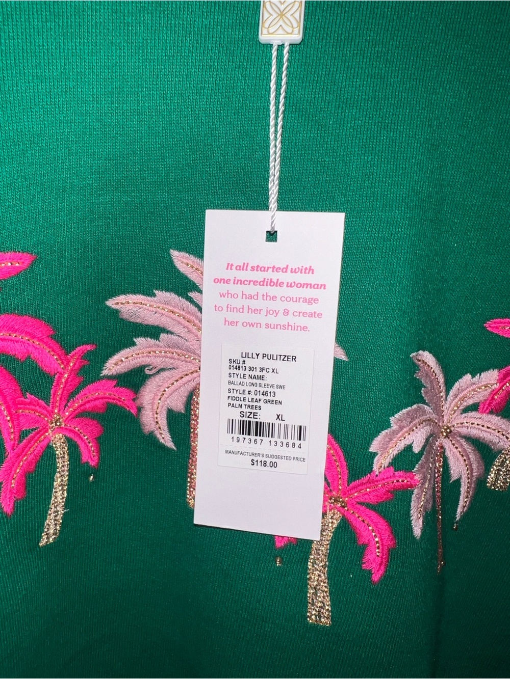 🌴NWT Lilly Pulitzer XLARGE Ballad LS Sweatshirt Fiddle Leaf Green Palm Trees - Picture 4 of 5